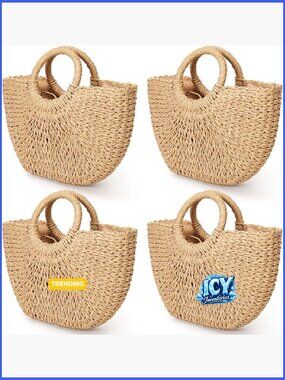 Set of 4 Woven Raffia Straw Tote Bags for Travel Beach